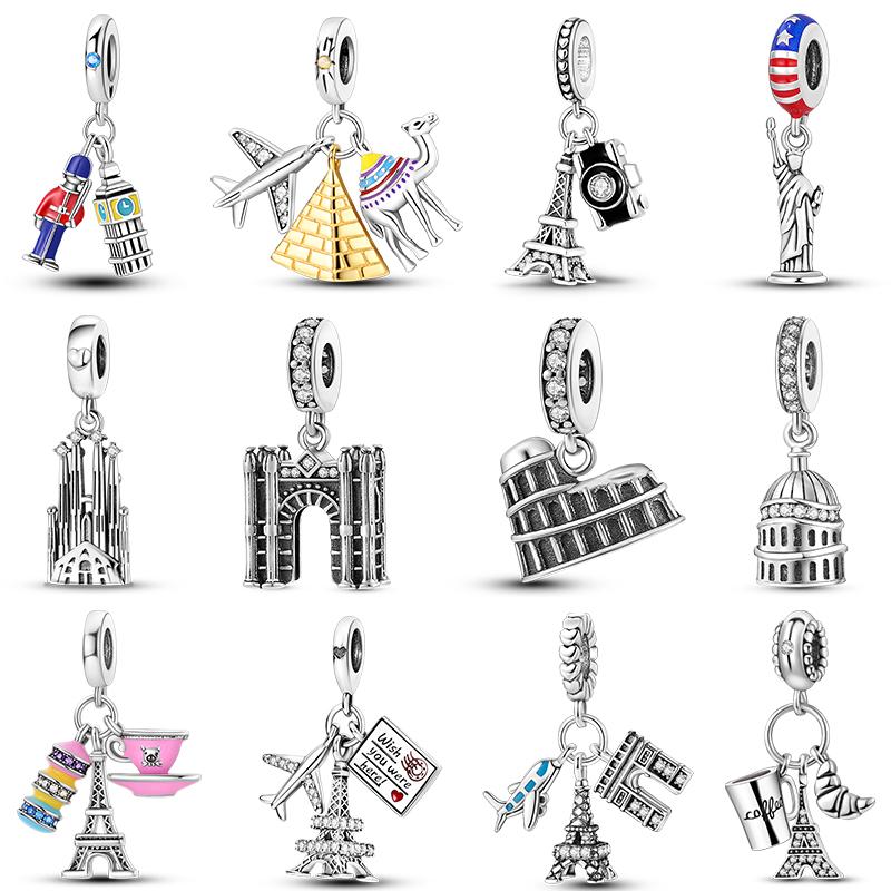 925 Silver Travel Charm Pendant New York Rome Vienna Landmark Building Bracelet Diy Fashion Jewelry Gift