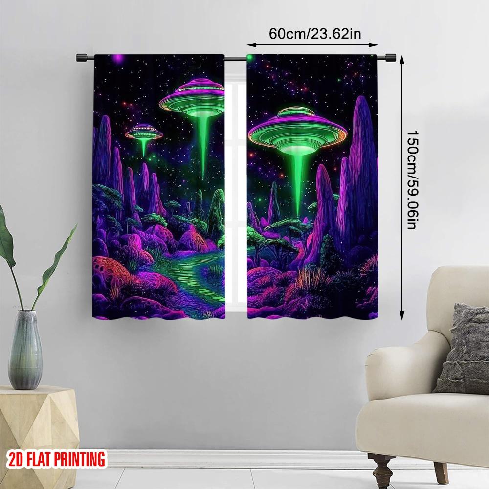 2D flat printing 2pcs Curtain Glow in the Dark Space Galaxy Alien Wall Protecting Privacy Party Decorations Use for Holiday Home