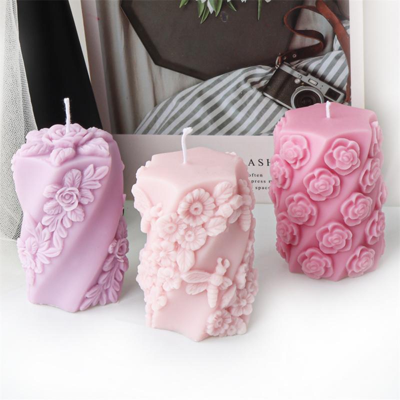 3D Relief Leaf Rose Cylinder Bee Silicone Mold DIY Valentine's Day Romantic Fragrance Candle Plaster Resin Craft Home Decor