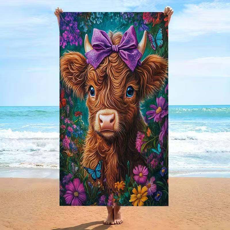 Boho Schottisches Hochlandrind Muster Strandtuch Blumengirlande Schottisches Hochlandrind Sommer Stranddecke Schnelltrocknend Leicht Saugfähig Handtuch