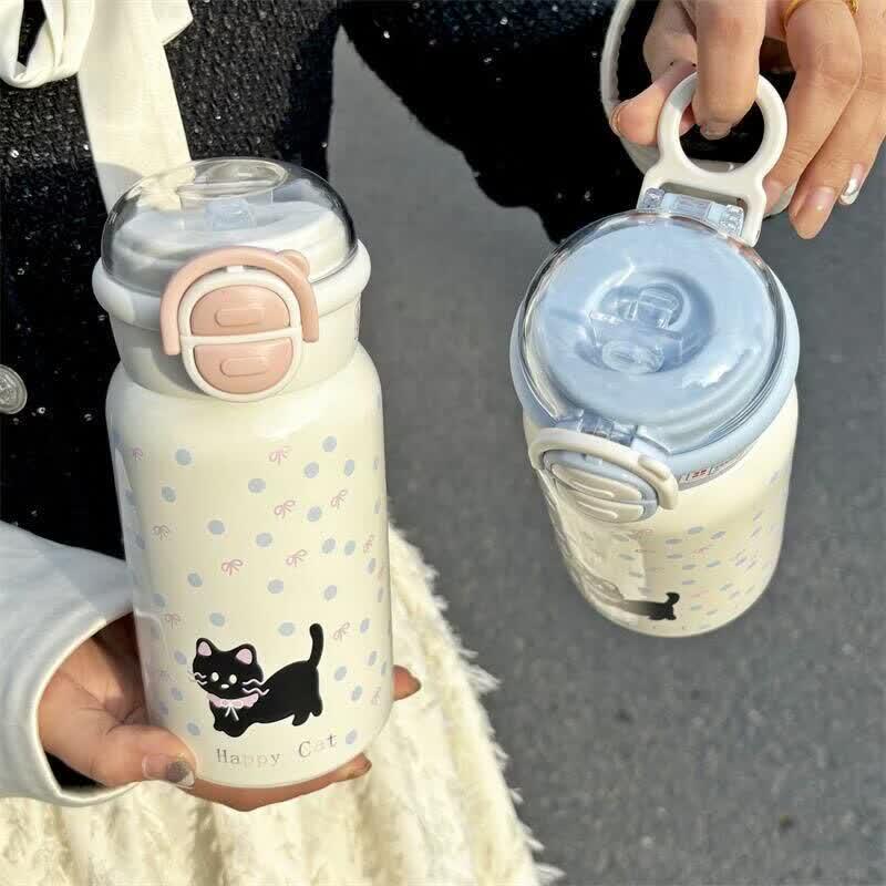 Qiwei Cute Cat Polka Dot Stainless Steel Insulated Water Bottle