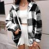 2025 Autumn/Winter Plaid Furry Hooded Zip-Up Cardigan Jacket