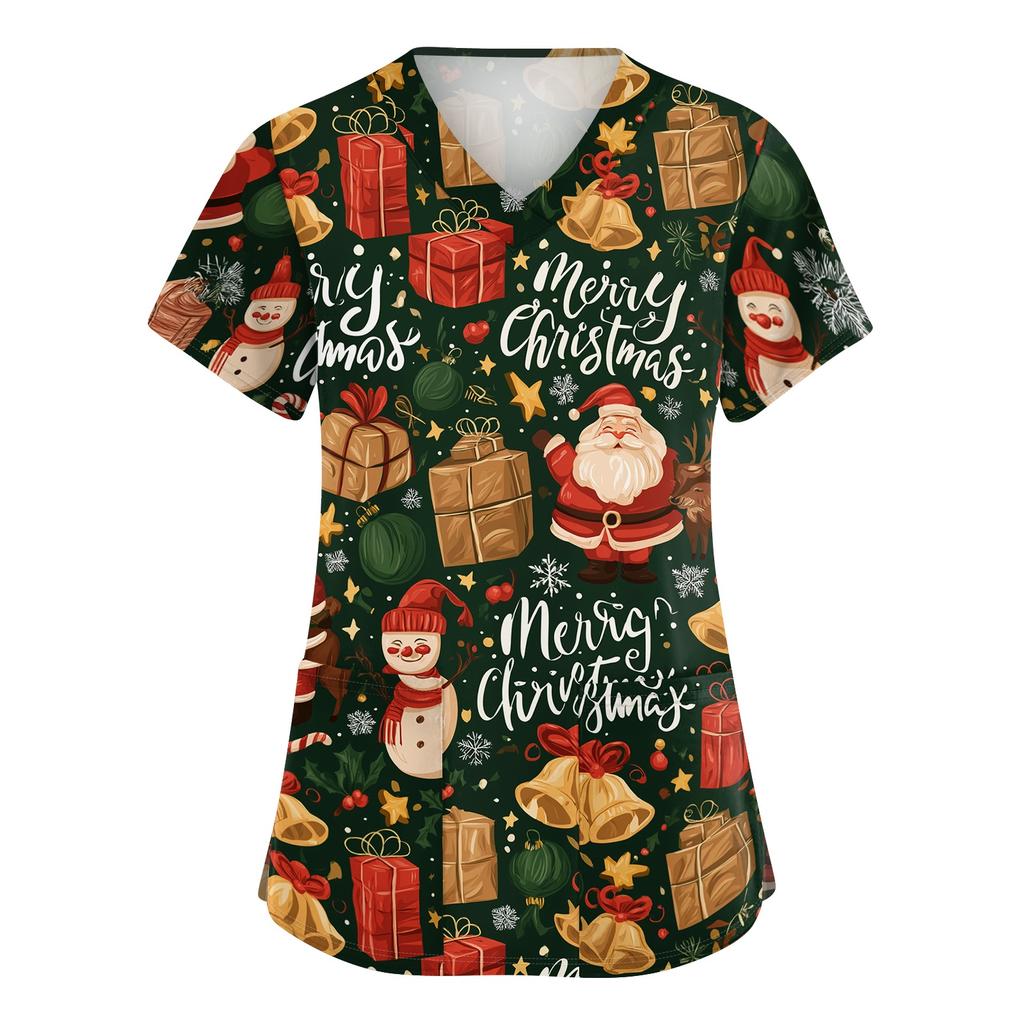 Women's V-Neck Short Sleeve Christmas Print Work Tunic Top with Pockets and Side Slits