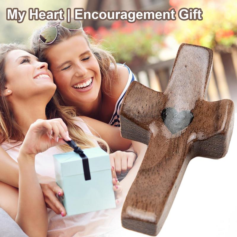 1PC CrossMy Heart Encouragement Gift Handheld Wooden Crosses With Epoxy Heart To Carry In Pocket Emotional Support Home Ornament
