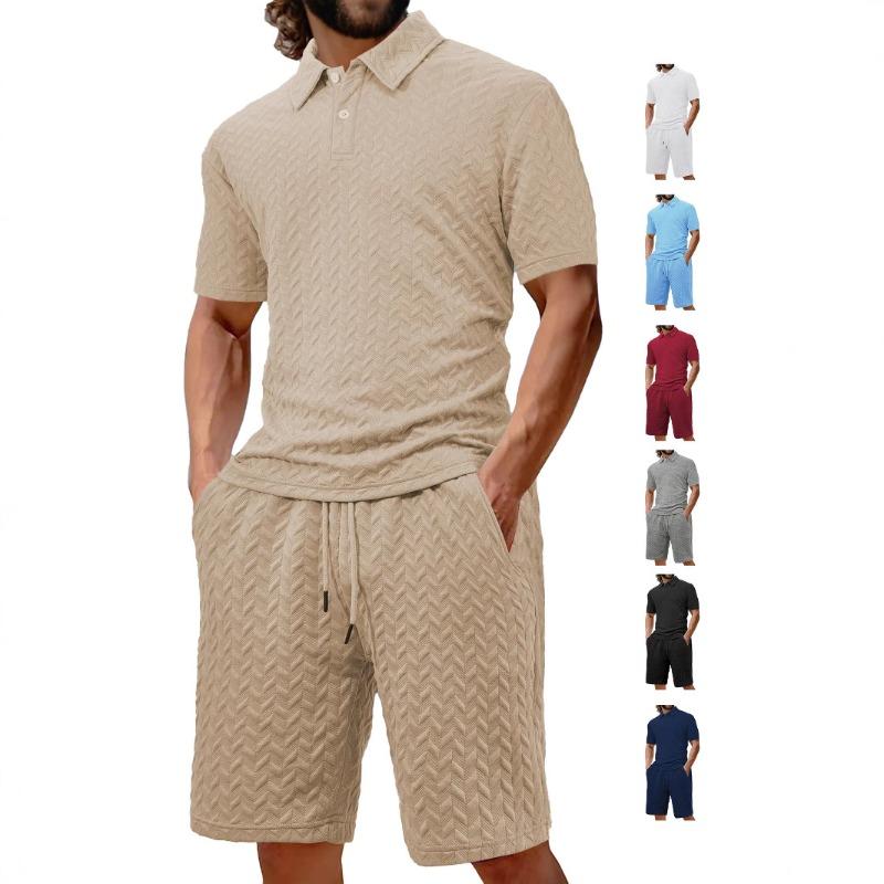 Men's Summer New Casual Loose Lapel Jacquard Men's Short-sleeved Olo Shirt Set