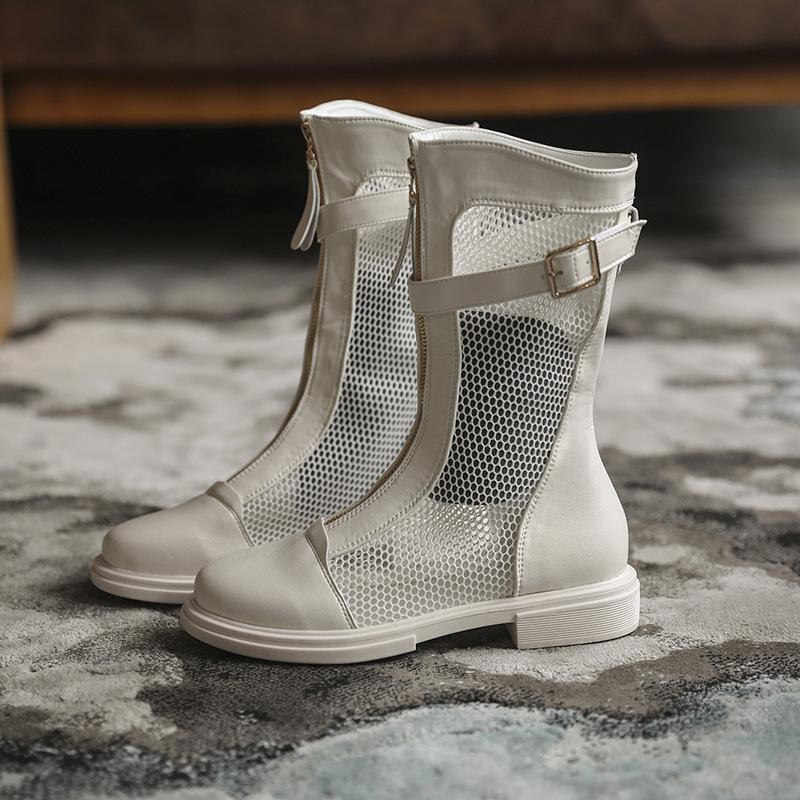 Mid -Calf Hollow Mesh Boots Women  Summer Belt Buckle Flat Sandal Boot Ladies Fashion Breathable Shoes Botas De Mujer