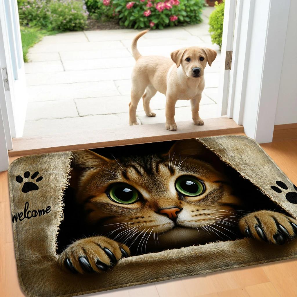 Cute Cat Flannel Kitchen Floor Mat Absorbent Door Mat for Bedroom Living Room Hand Washable