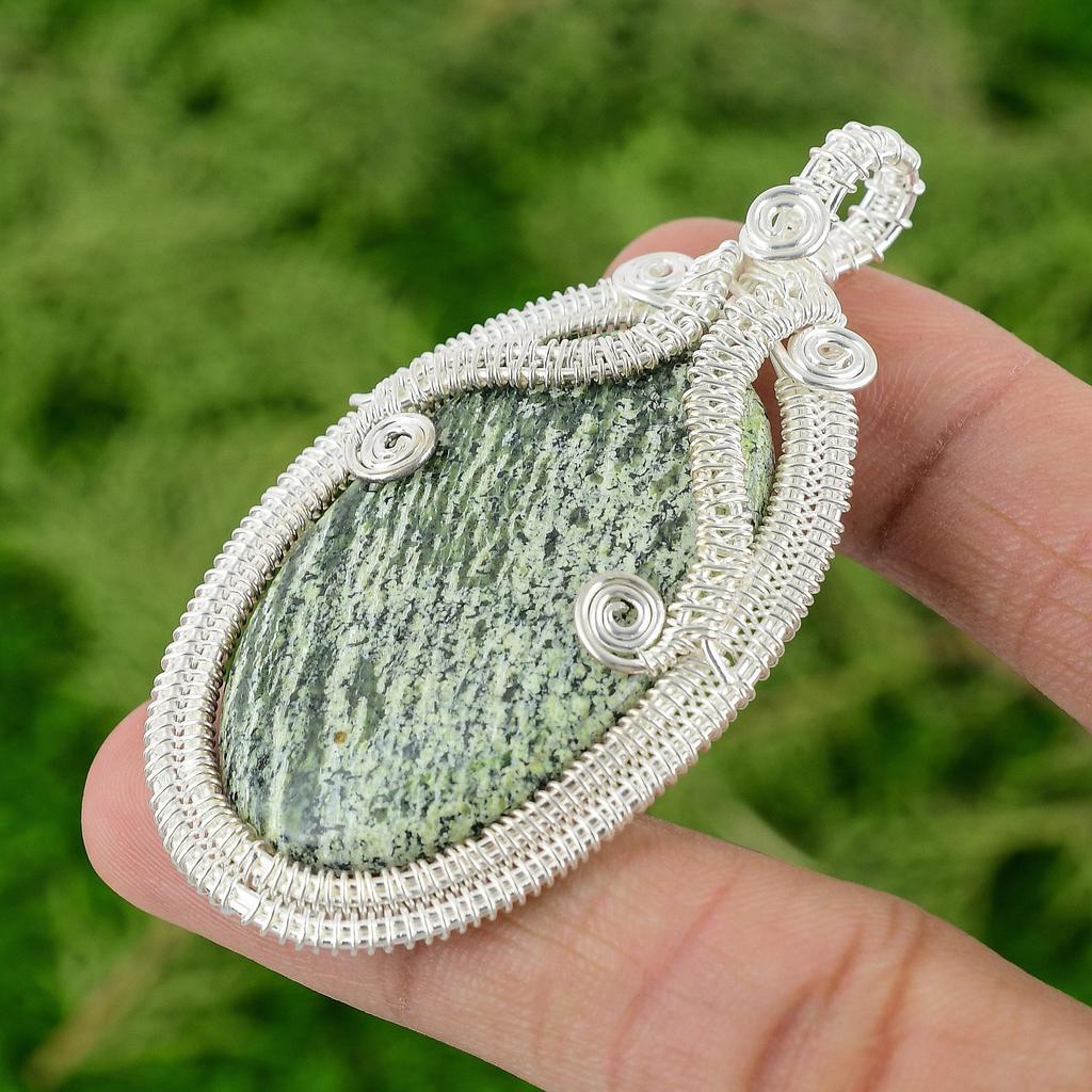 Sterling Silver Oval Green Swiss Opal Gemstone Bezel Wife Wire Wrapped Pendant