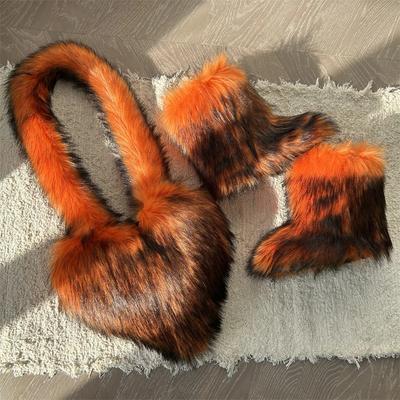 Bottes courtes d'hiver duveteuses en fausse fourrure de renard pour femmes assorties à un ensemble de sacs en forme de cœur, bottes de neige en peluche, chaussures de luxe, bottines en peluche pour filles