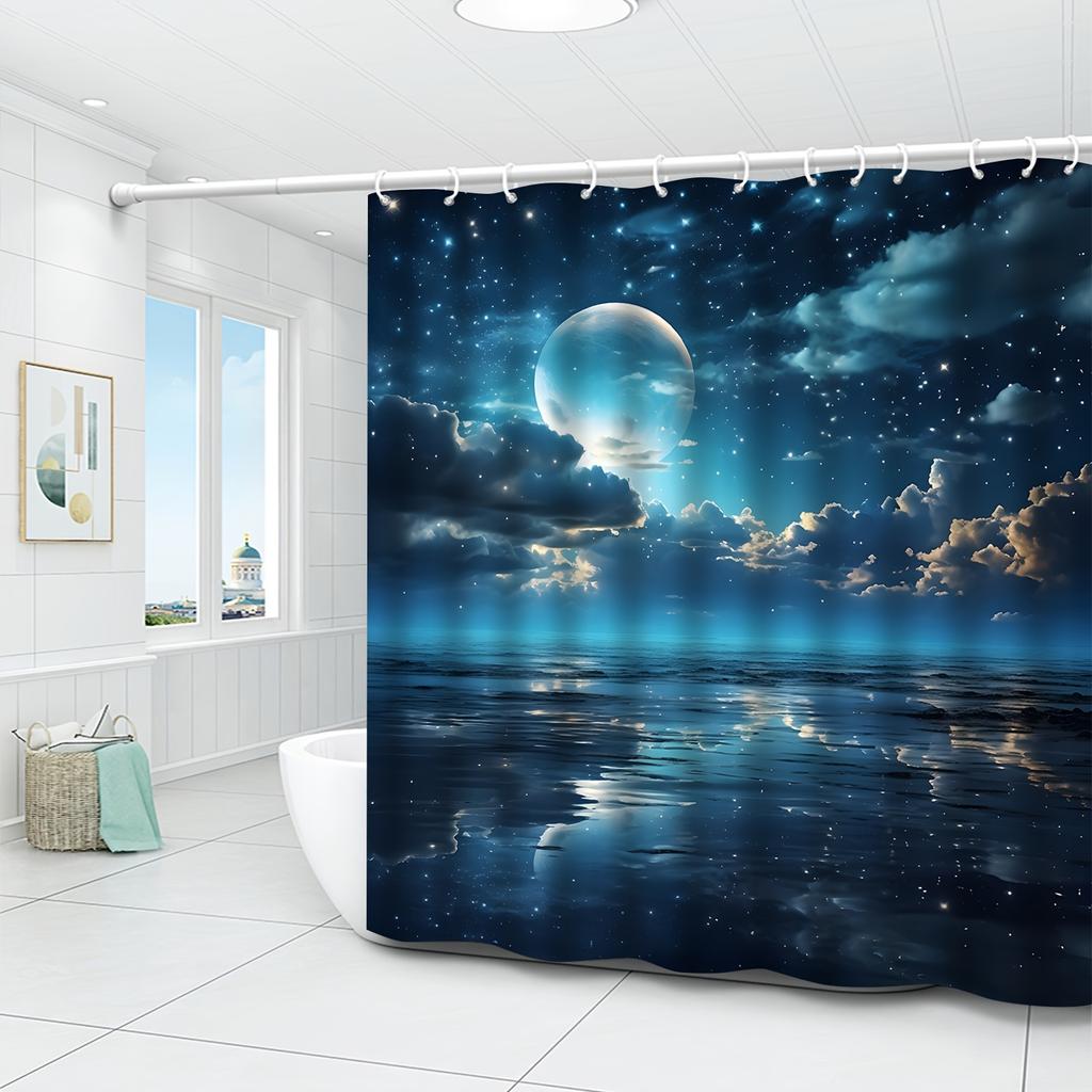 Mystical Moonlit Ocean Shower Curtain - Water-Resistant Fabric for Bathroom - Ideal for Nature and Lunar Enthusiasts