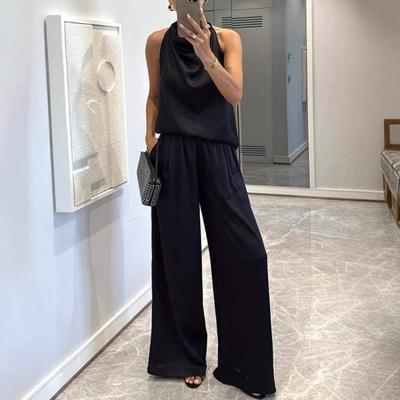 Women 2 Piece Satin Outfits Halter Neck Sleeveless Top And Wide Leg Pants Set Casual Vocation Lounge Set