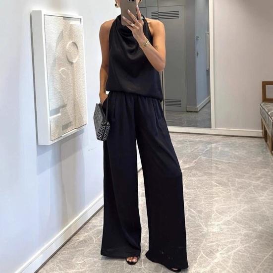 Women 2 Piece Satin Outfits Halter Neck Sleeveless Top