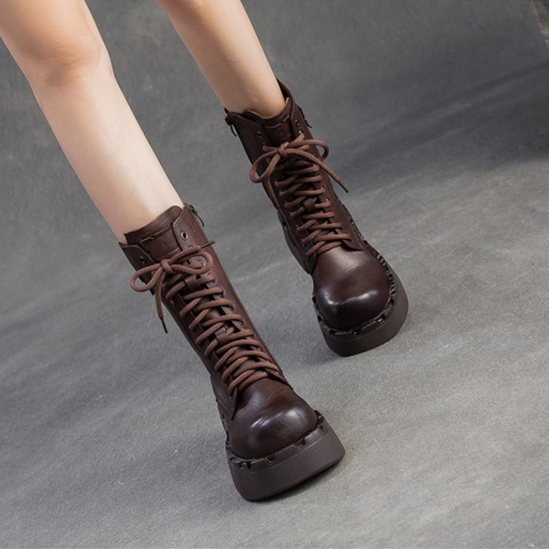 Johnature Genuine Leather Retro Thick Soled Mid-calf Boots Versatile Round Toe Women's Platform Boots
