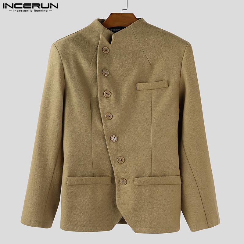 INCERUN Men Stand Neck Long Sleeve Oblique Placket Jackets Coats