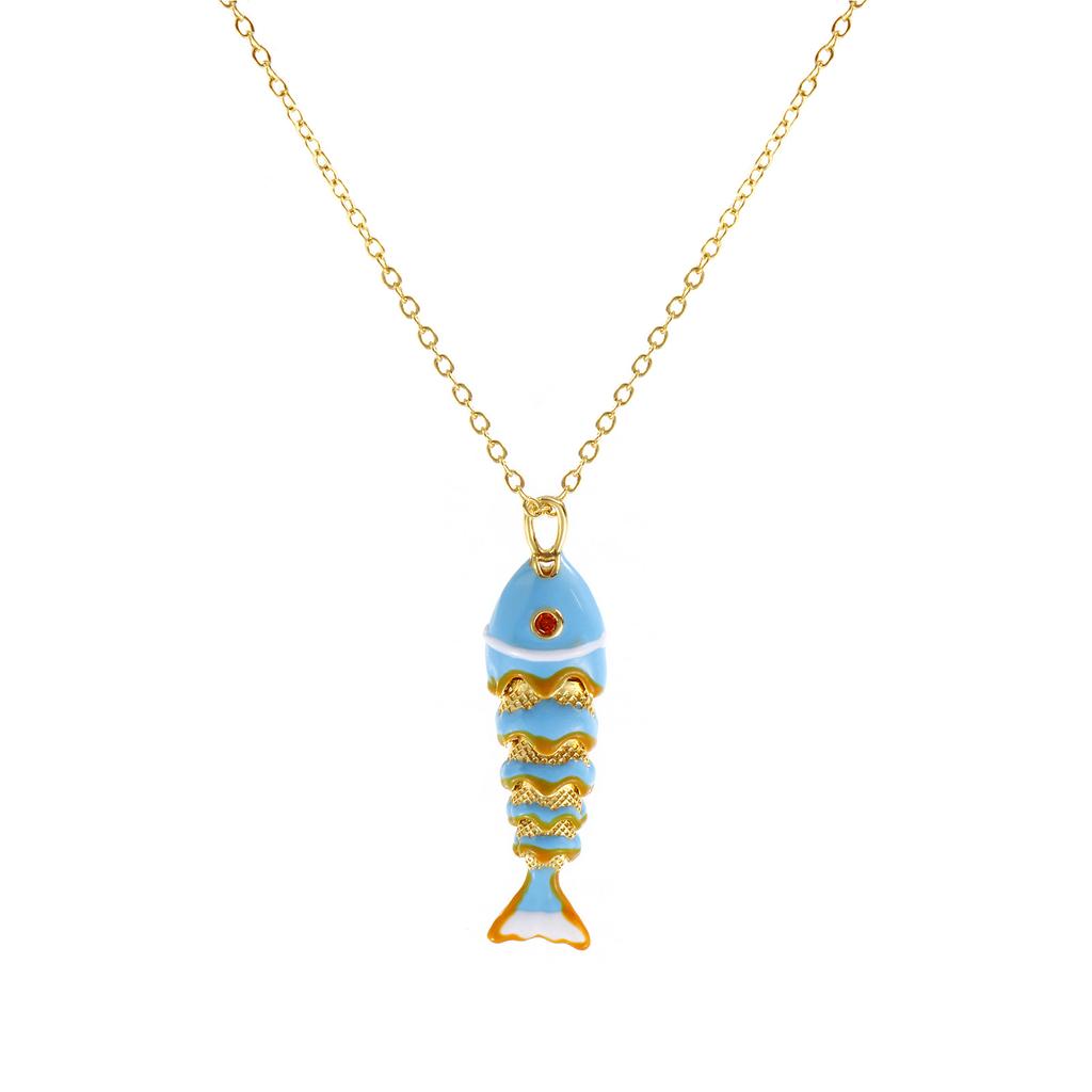 3D Ruchomy Wisiorek Ryba Naszyjnik Pozłacany 18K Łańcuszek Typu Link Mosiądz 46cm + 6cm Dla Kobiet Emaliowana Biżuteria Oceaniczna Prezent