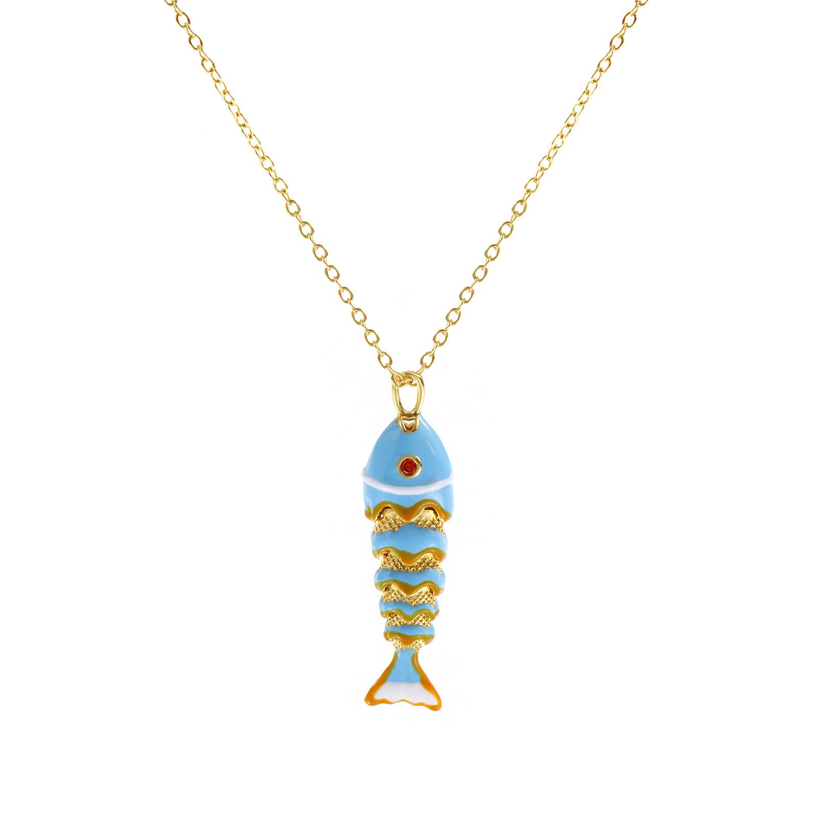 

3D Movable Fish Pendant Necklace 18K Gold Plated Link Cable Chain Brass 46cm + 6cm For Women Enamel Ocean Jewelry Gift світло-синій колір