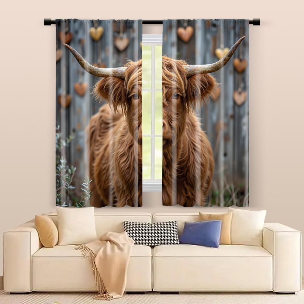 Set Of 2 Filtering Curtains Excluding Rods Non Movable Without Batteries Highland Cow Use Bedrooms Living Rooms Curtain Polyester Ideal For Great Room
