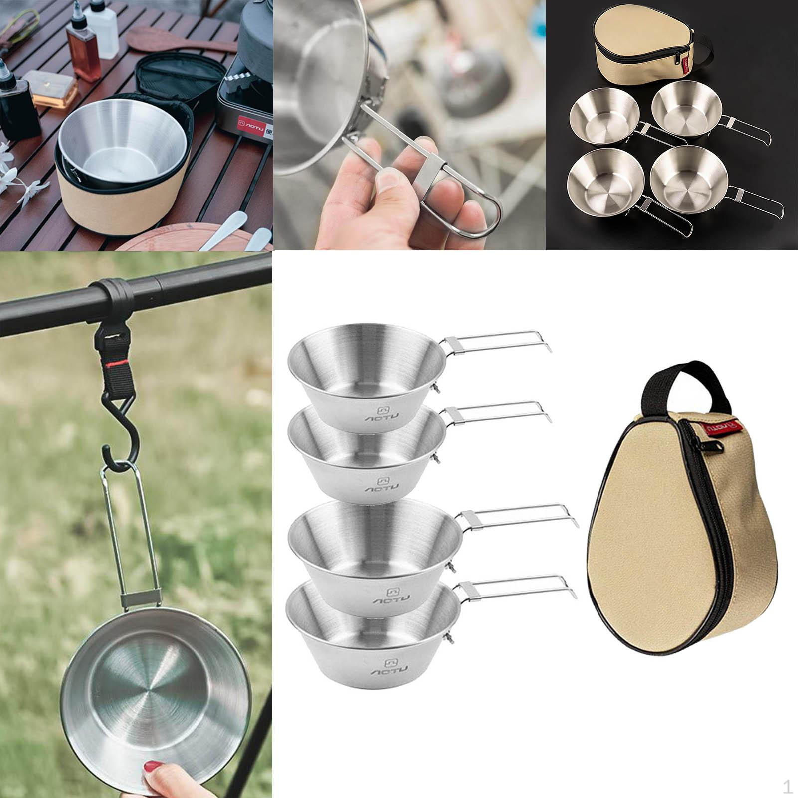 Camping Bowl Outdoor Cookware with Foldable Handle Cooking Utensil Stainless Steel for Barbecue 2pcs300ml 2pcs500ml