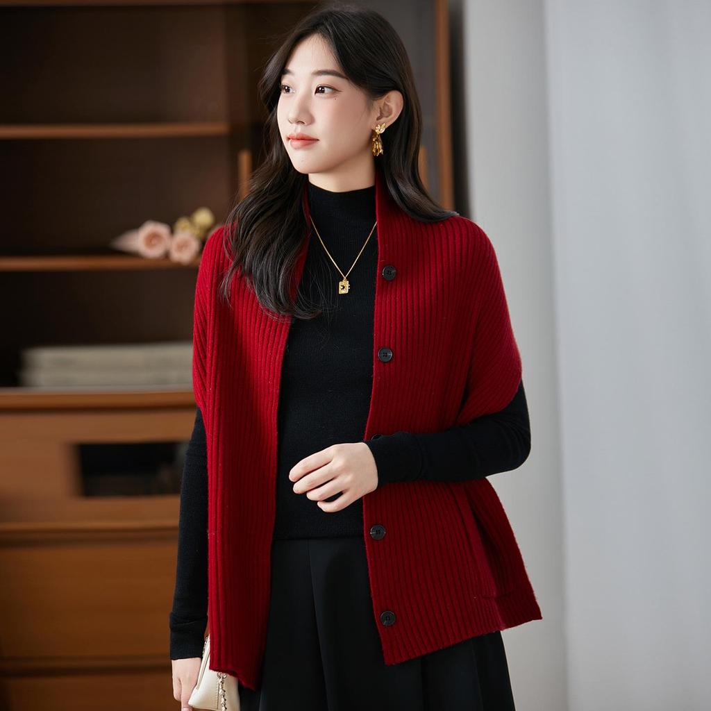 Women's 100% Wool Knit Cardigan Vest - Autumn/Winter 2025 Shawl