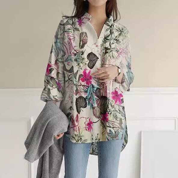 

Богемные летние топы с цветочным принтом, женская винтажная блузка, хлопковая повседневная рабочая рубашка большого размера, больших размеров XXXL