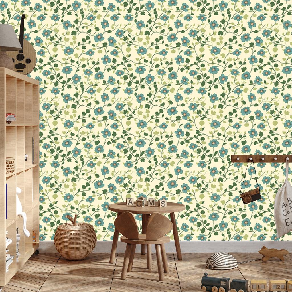 Wallpaper Cottagecore Flowers Cream, Beige and Lime 50x1000