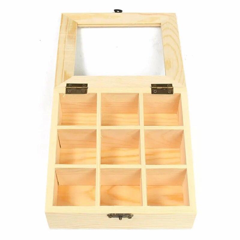 Wooden Tea Bag Jewelry Organizer Chest Storage Box 9 Compartments Tea Box Organizer Wood Sugar Packet Container