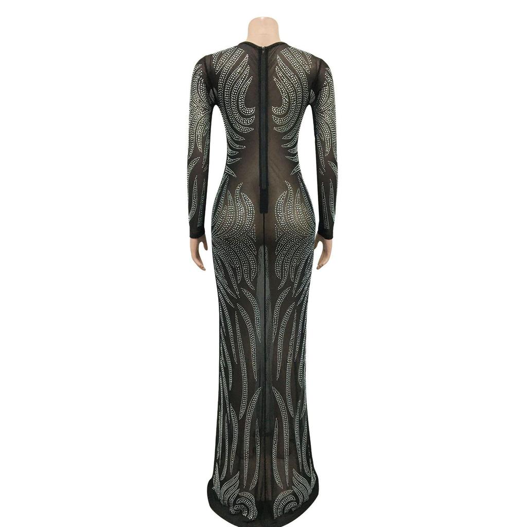 Rhinestone Mesh See-through Long Sleeve Nightclub Dress
