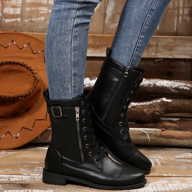 Medium women's boots autumn and winter new round head fashion belt buckle solid color side zipper Martin boots