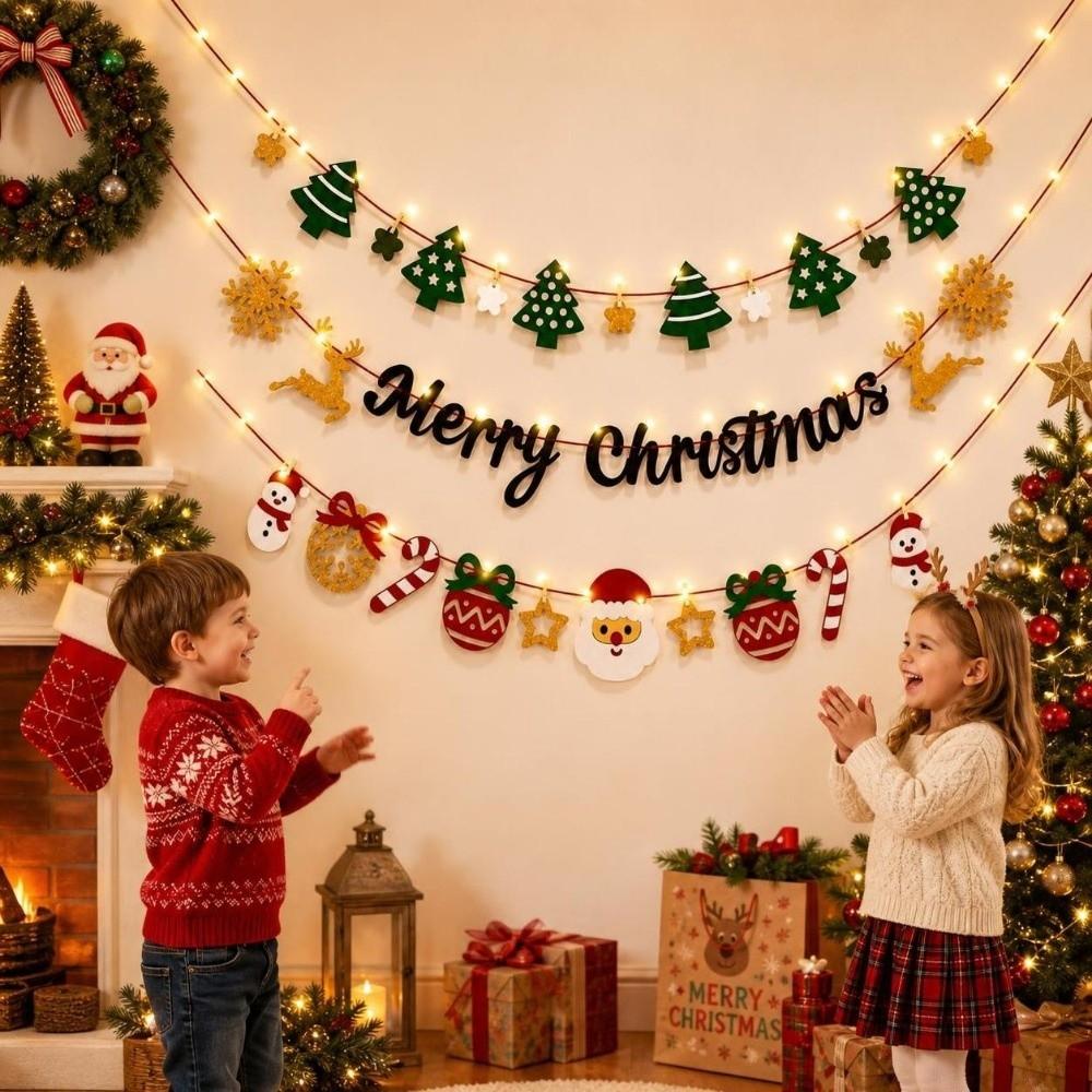 Warm Light Wall Hanging Banner Cartoon DIY Pull Flag Christmas Luminous Banner  Christmas Party