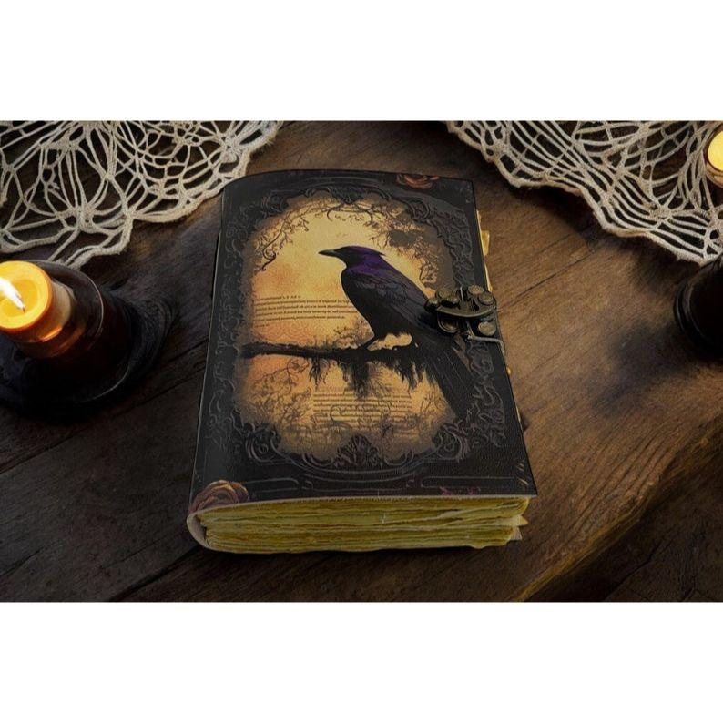 Leather Journal Gothic Notebook The Raven Grimoire Print - Vintage Handamde Journal Book of Shadows Witchcrafts Journal Gifts for Men,