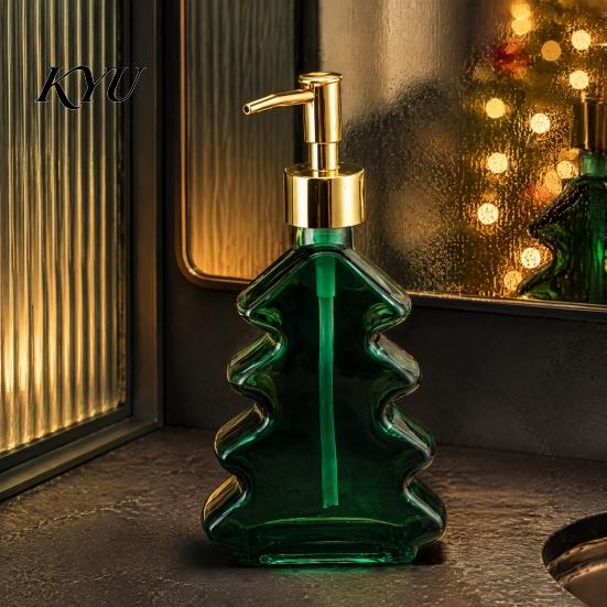 Christmas Table Centerpiece 300ml Tree Soap Dispenser, Glass Hand Dish Dispenser with Pump, Sturdy Xmas Decorative Empty Bottle for Soap, Kitchen,