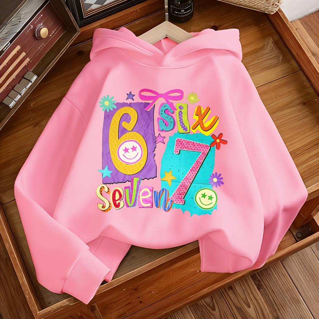 Girls' Cartoon Pattern Six Seven Print Creative Sweet Comfortable Spring/Autumn Hooded Long Sleeve Sweatshirt
