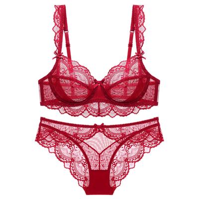 Sexy Underwear Set Women Ultra-thin Hollowed Out No Sponge Transparent Lace Underwear Large Breasts Show Small Large Size Bra Set Briefs Set