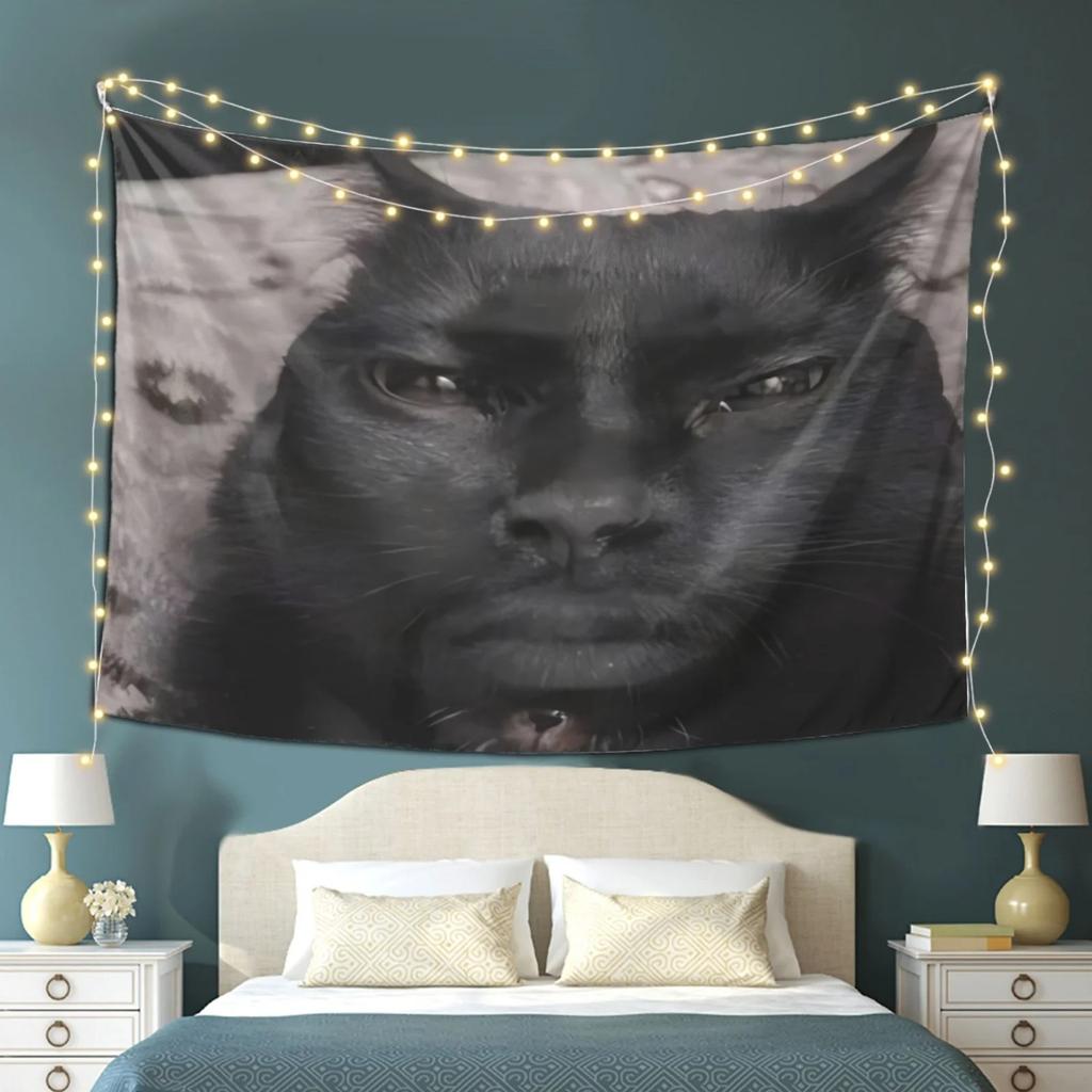 Cool Black Cat Stare Tapestry Viral Meme Cat Wall Hanging for Bedroom Dorm Living Room Edgy Aesthetic Decor Funny Gift for