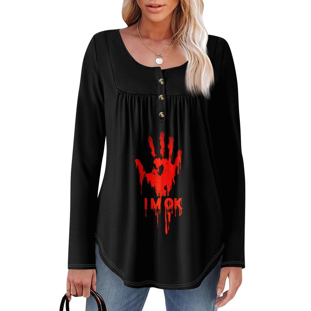 Dam Tunika Långärmad Lös Toppar Casual Oversized Toppar Plisserad Tunika Knäppning Casual Dam Tryckta Toppar