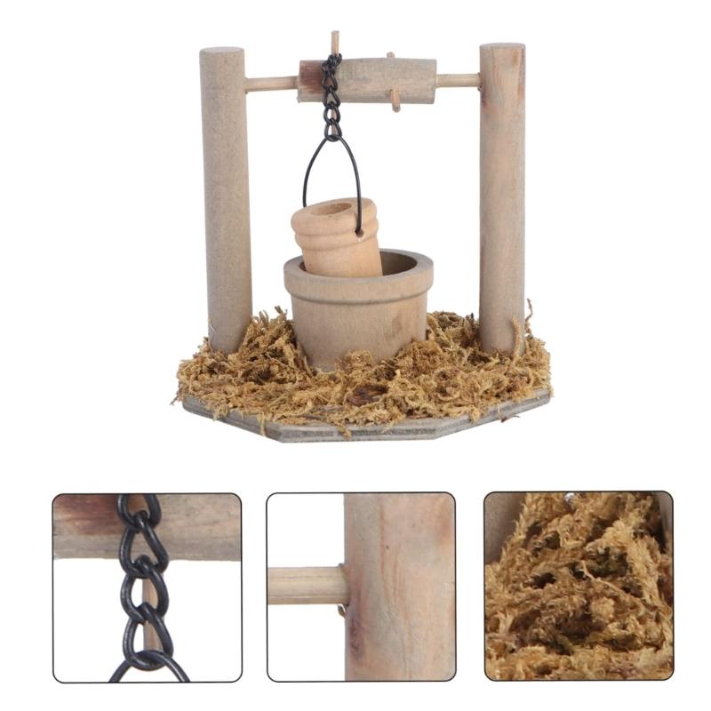 Handmade Wood Garden Accessory Small Water Wells Ornament with Bucket For Miniature Scene Landscape Decoration