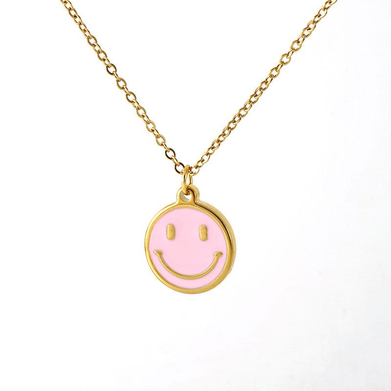 18K Pink Smiley Face Pendant Necklace - Stainless Steel Cartoon Jewelry for Women