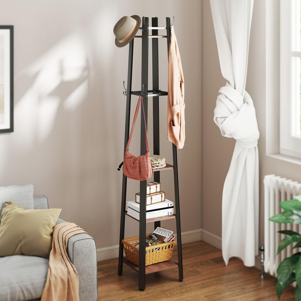 Coat Rack with 4 Levels, Free-Standing Clothes Stand, 8 Hooks, 4 Shelves, Industrial Style, Metal, Chipboard, Brown