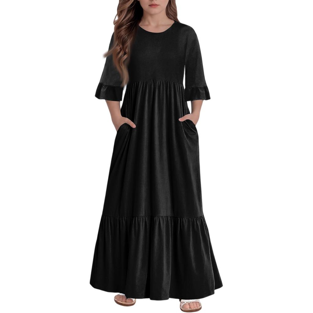 Girls' Tiered Ruffle Dress - 3/4 Sleeve Pocket Maxi With Pockets