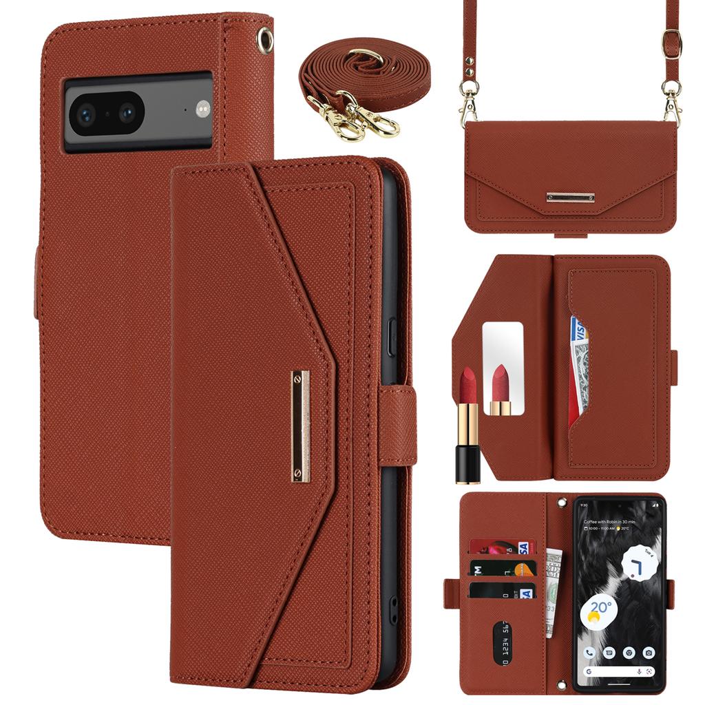 For Google Pixel 7 5G Stand Case Cross Texture PU Leather Wallet Phone Cover with Shoulder Strap/Makeup Mirror