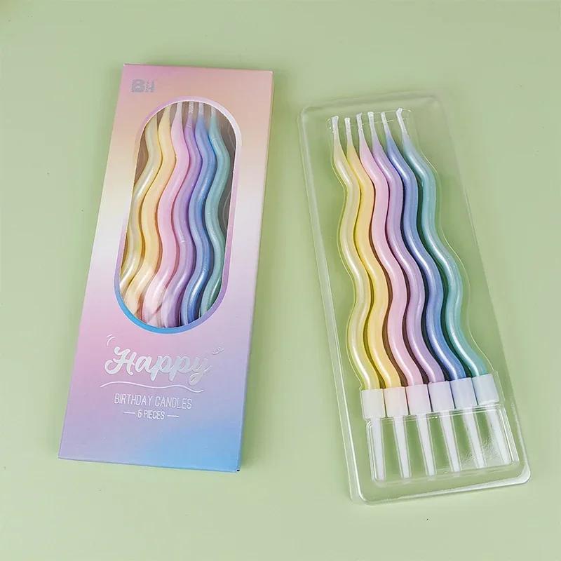 6pcsHappy Birthday Curved Candle Birthday Decoration Curved Thread Creative Long Cake Decoration Valentine's Day Romantic Candle