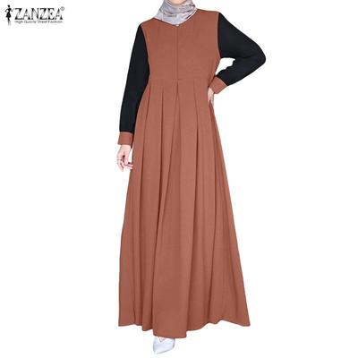 Women Casual Round Neck Splice Long Sleeve Muslim Long Dress