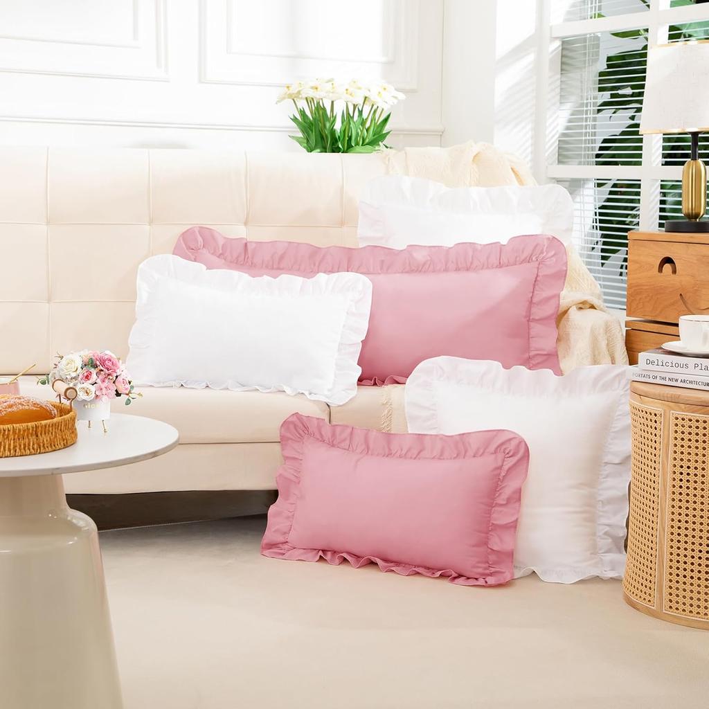 White Ruffle Lumbar Pillow Cover 12x20 Inch, Ruffled Cushion Case Covers for Couch Sofa Bed Living Room, Decorative Farmhouse Throw Pillow Cover,