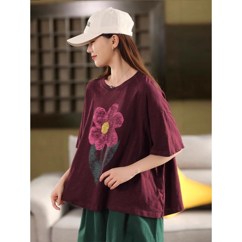 DIMANAF 2025 Summer Cotton T-shirt Women Flower Printing Short Sleeve Loose Green Blue T-shirt