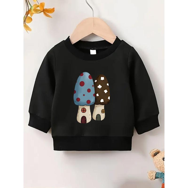 European Size Cute Mushroom Print Spring Lightweight Round Neck Sweatshirt, Comfortable Outdoor Wear Choice for 0-3 Years Old