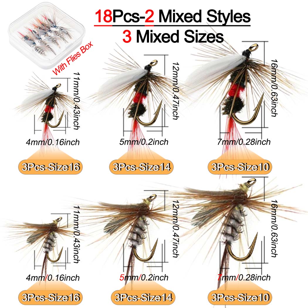

18 шт.-2 смешанных стиля рыболовные искусственные насекомые приманки, сухие мушки-с коробкой для мушек, для ловли форели нахлыстом Royal WulffFly&Mosquito Mayfly Lure 3 смешанных размера 18Pcs-3Mixed Sizes