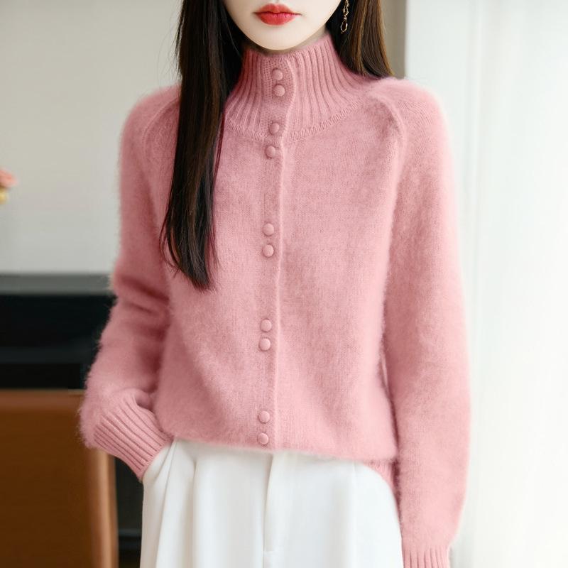 Women's Solid Color Wool Cardigan - High Neck, Long Sleeve, Loose Fit Sweater