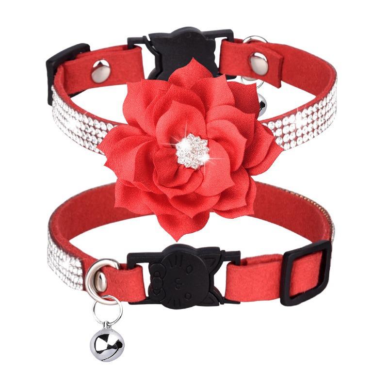 Pet Collar Shiny Rhinestone Color Anti-bridle Suede Soft and Comfortable Bell Style Cat Leash Collar