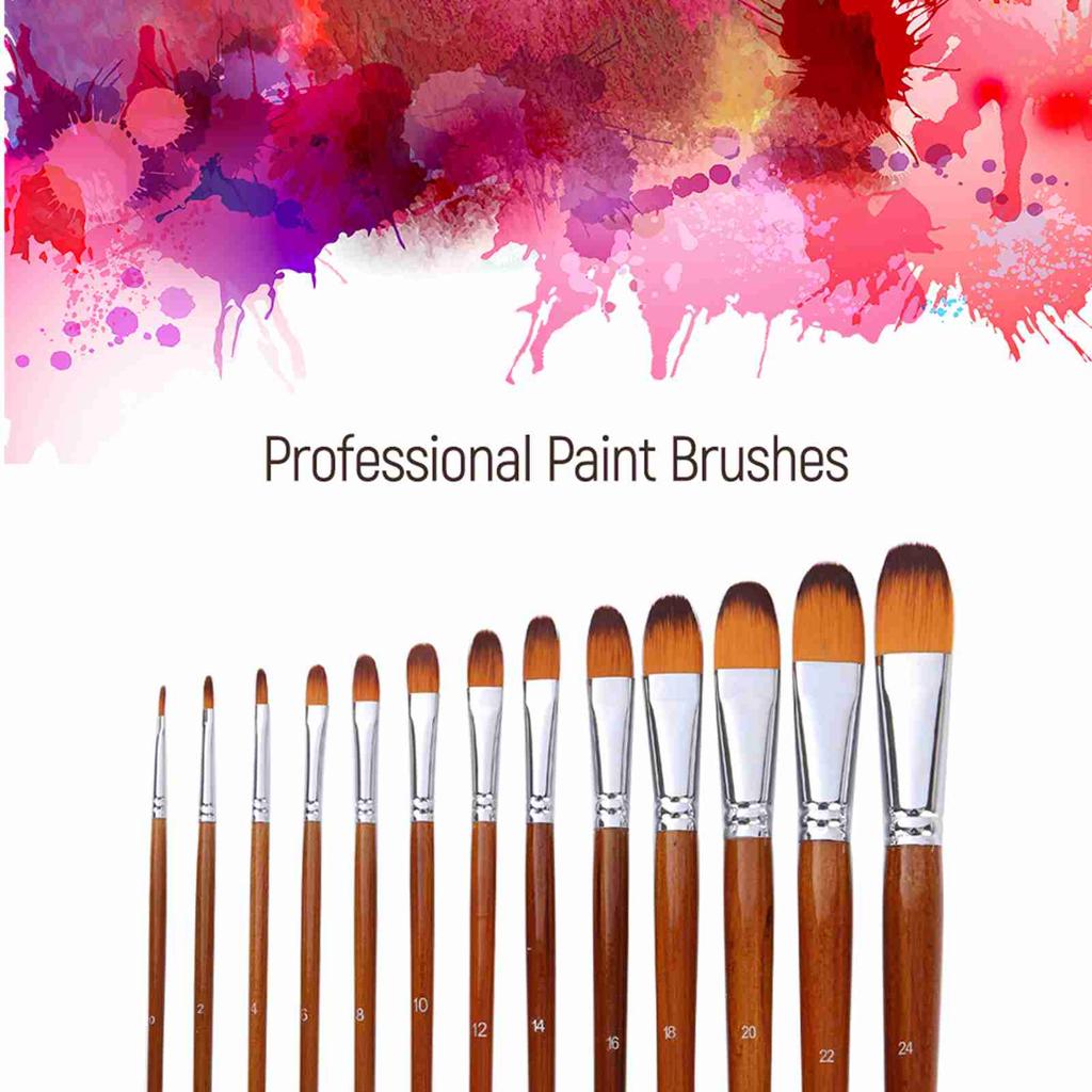 13pcs Professional Art Paint Brushes Set Long Wooden Handle Nylon Hair Paintbrush for Acrylic Oil Watercolor Gouache