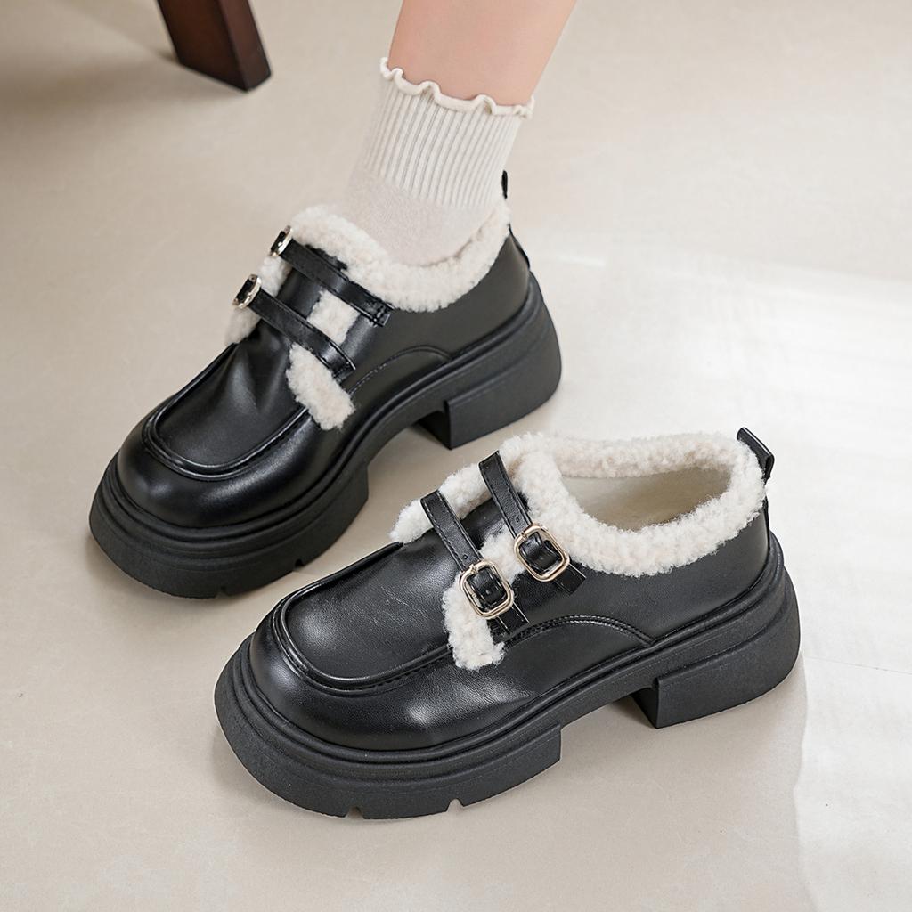 British style retro thick heel thick sole one-word buckle loafers women's 2025 autumn new velvet versatile small leather shoes women